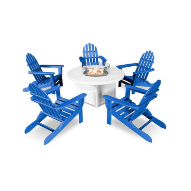 POLYWOOD Classic Folding Adirondack 6-Piece Conversation Set W/ Fire Pit Table - Pacific Blue / White